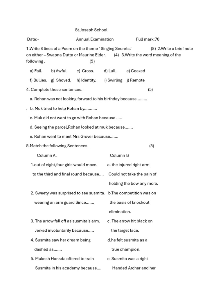 St. Joseph Class 4 Question | PDF