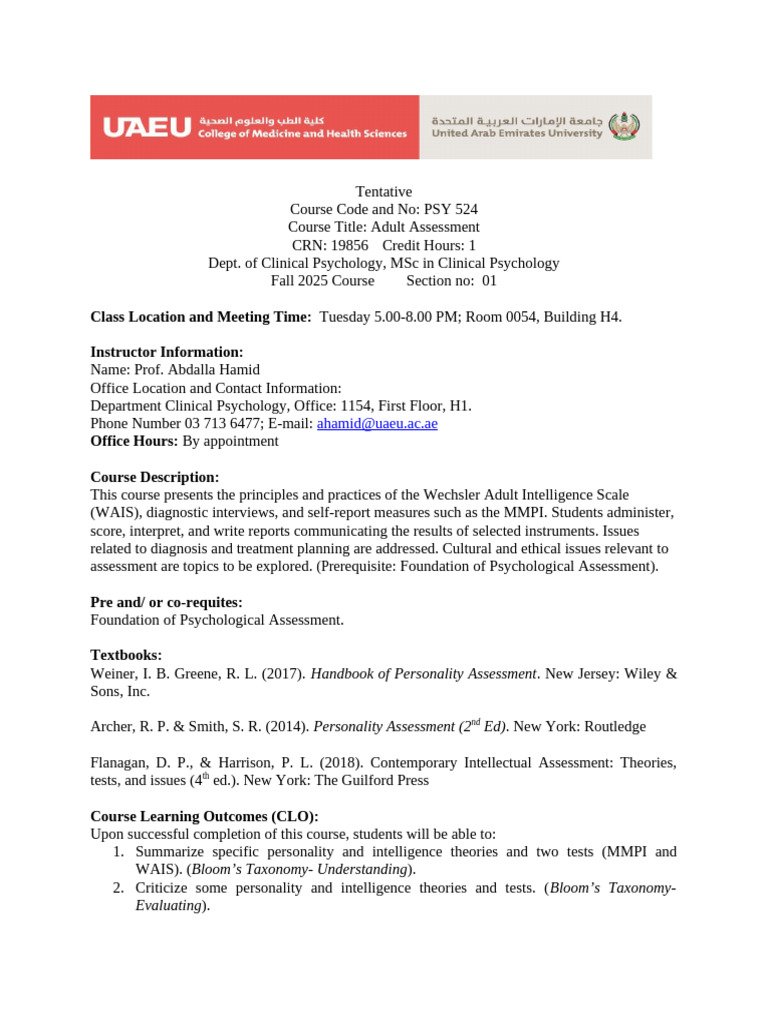 Course Syllabus-Fall 2025-Adult Assessment | PDF | Essays | Academic ...