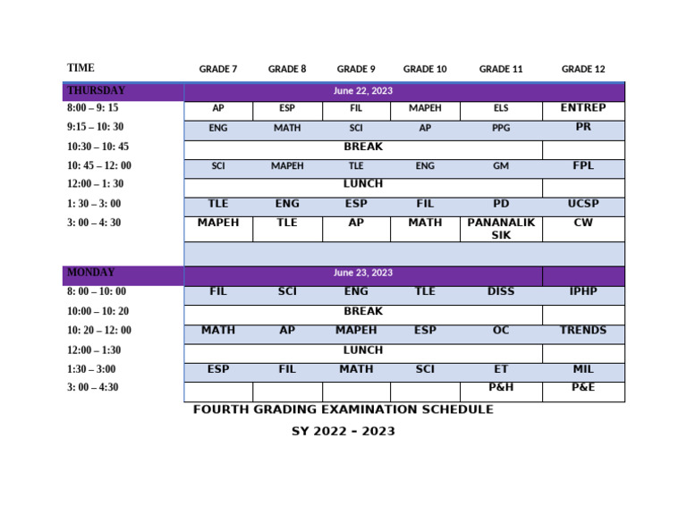 4th Schedule of Exam | PDF