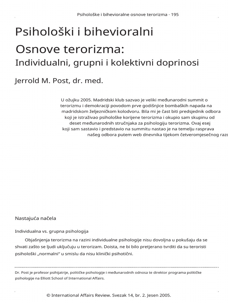 Jerol Post The Psychological and Behavioral Bases of Terrorism | PDF
