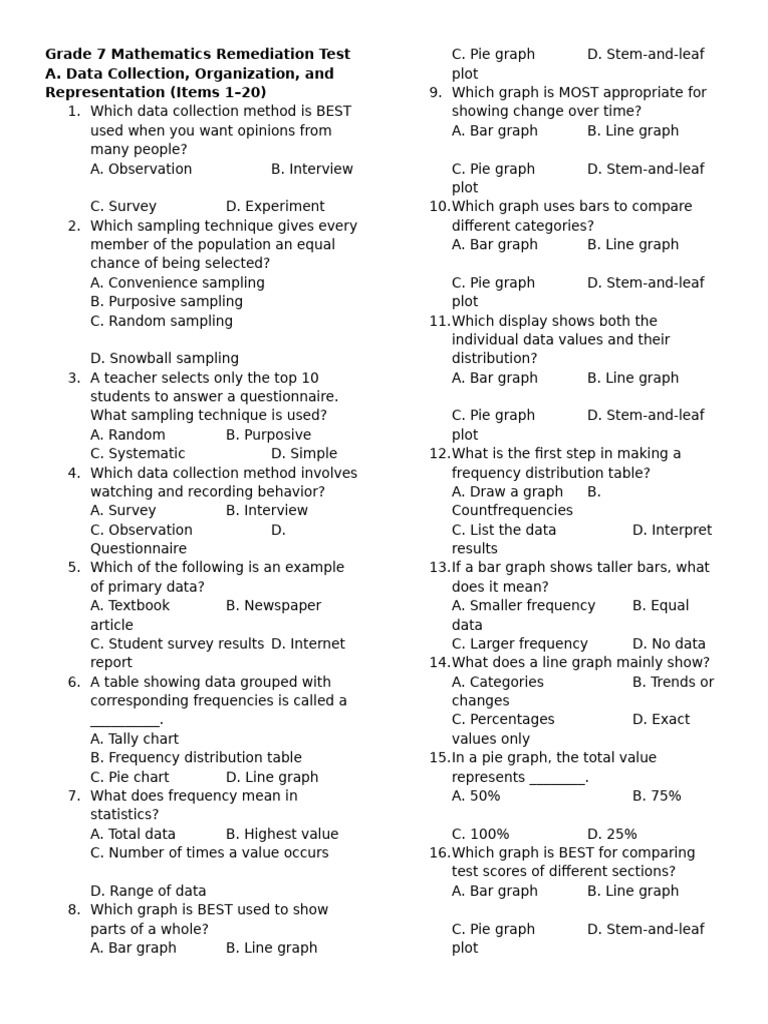 Grade 7 Mathematics Remediation Test 3rd Q | PDF | Sampling (Statistics ...