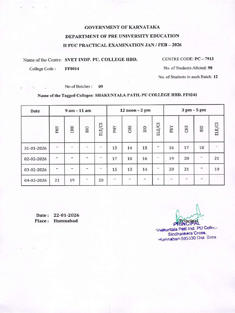 Pu II Year Practicle Exam Time Table Jan Feb 2026 | PDF