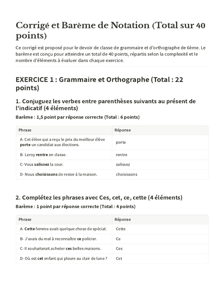 Corrigé Et Barème de Notation (Total Sur 40 Points 1 | PDF | Phrase | Verbe
