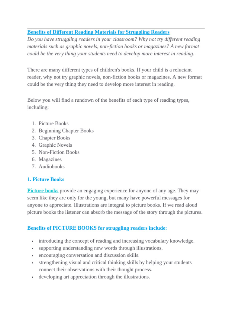 Benefits of Different Reading Materials For Struggling Readers | PDF ...