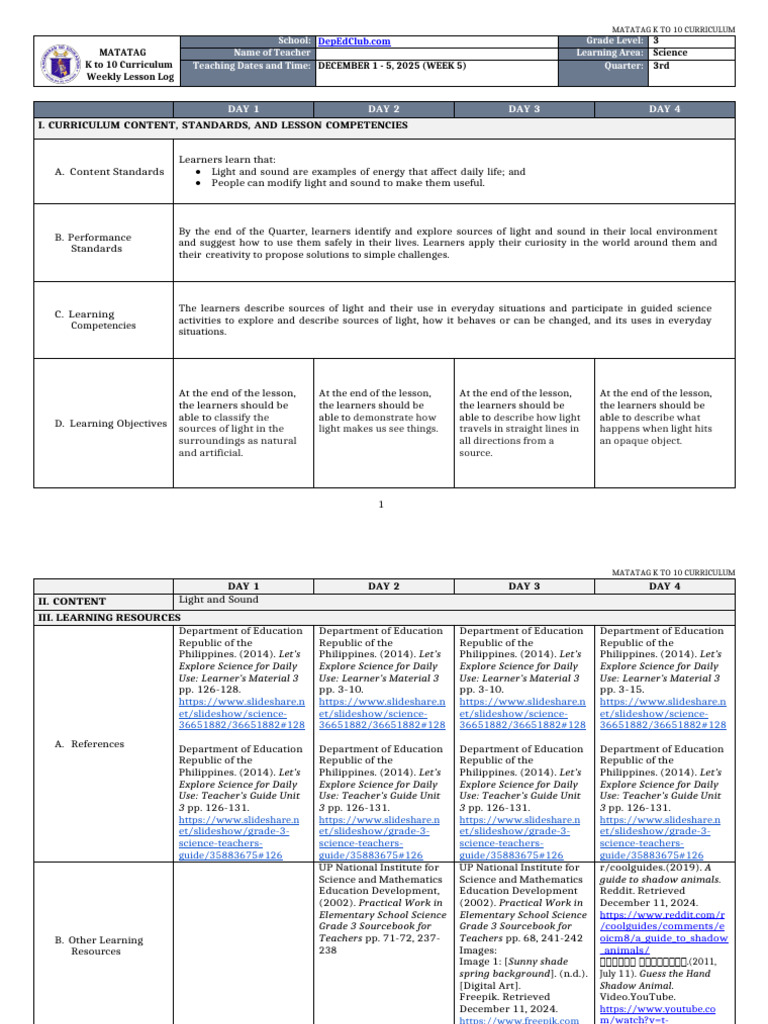 DLL Matatag - Science 3 - Q3 - W5 | PDF | Light | Curriculum