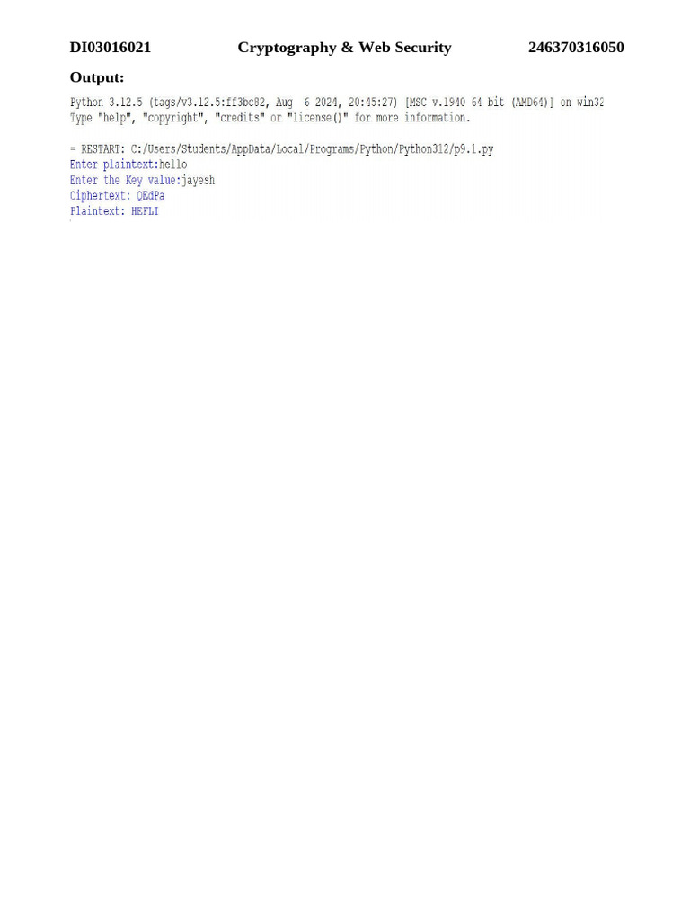 DI03016021 Output: Cryptography & Web Security 246370316050 | PDF