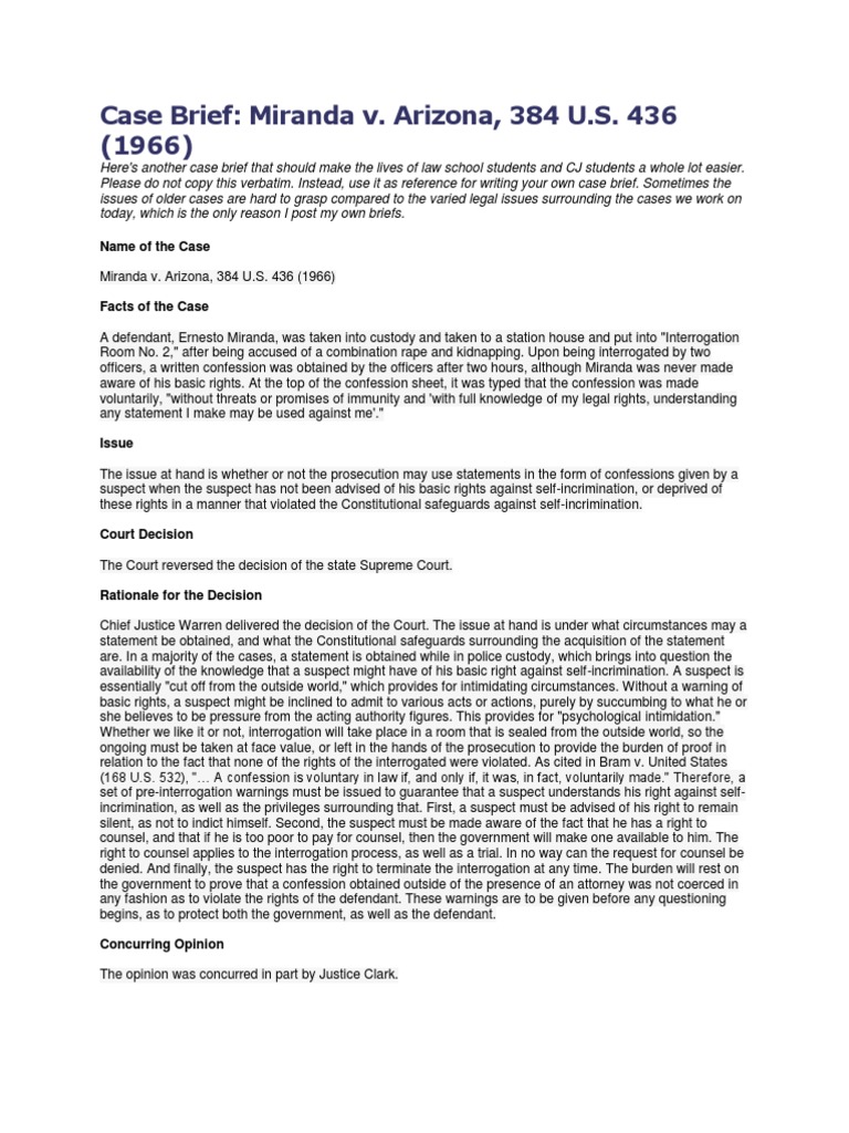 Case Brief Miranda v Arizona Miranda V. Arizona Miranda Warning