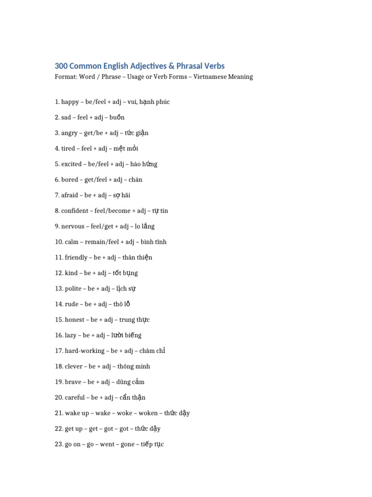 300 Adjectives Phrasal Verbs | PDF
