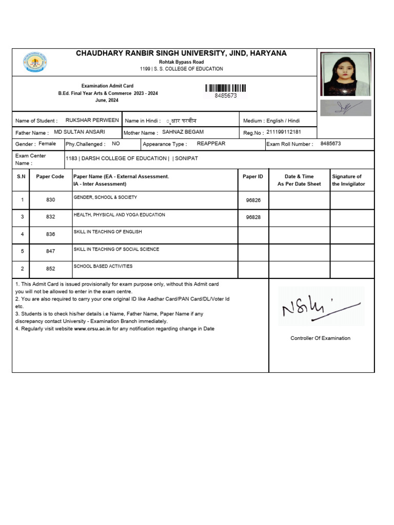 Rukshar Perween Admit - Card | PDF