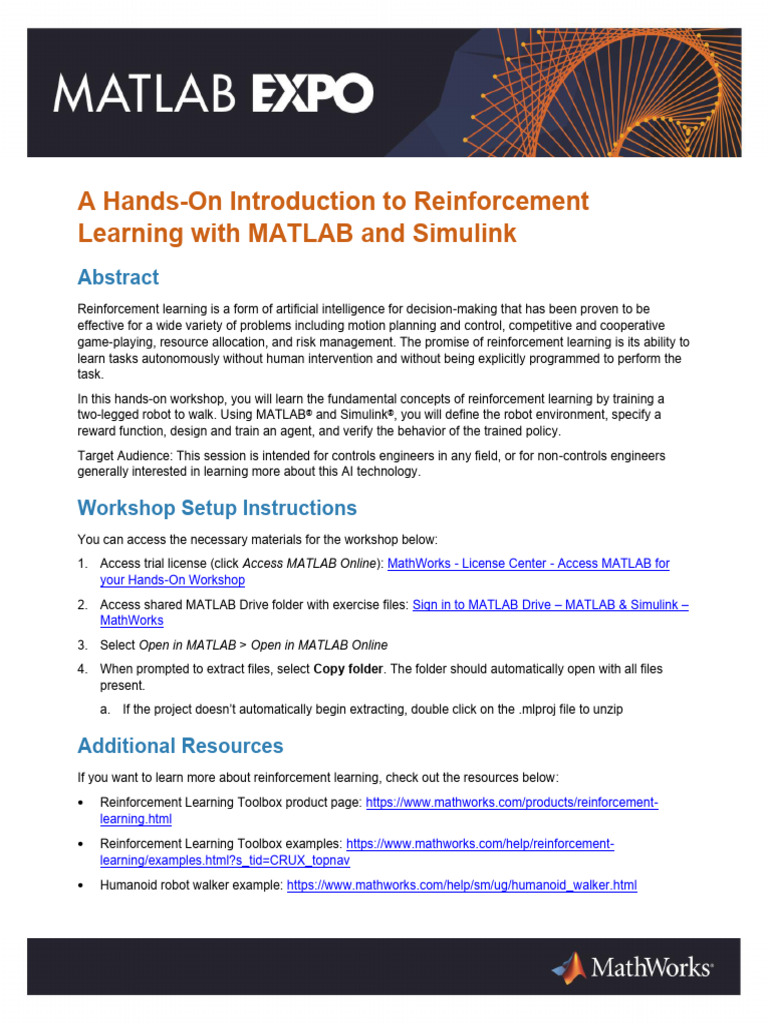 RL Workshop Handout PDF | PDF | Matlab | Robot
