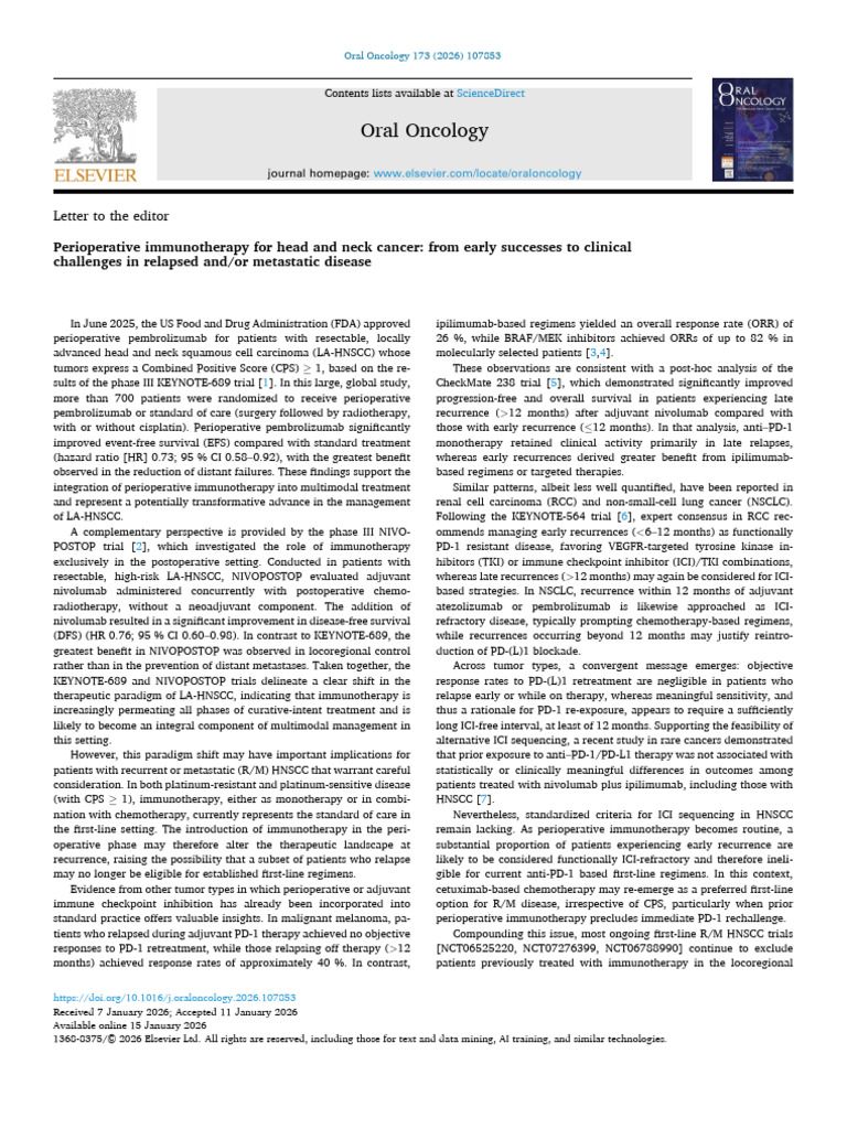 Perioperative Immunotherapy For Head and Neck Cancer - From Early ...