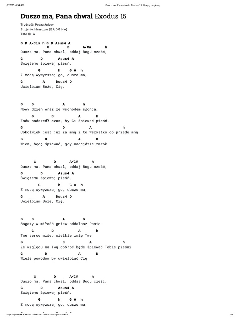 Duszo Ma, Pana Chwal - Exodus 15, Chwyty Na Gitarę | PDF