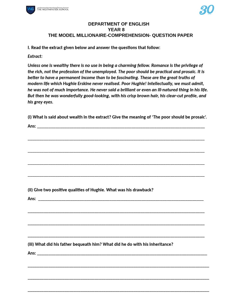 The Model Millionaire Comprehension - Question Paper - Year 8 | PDF