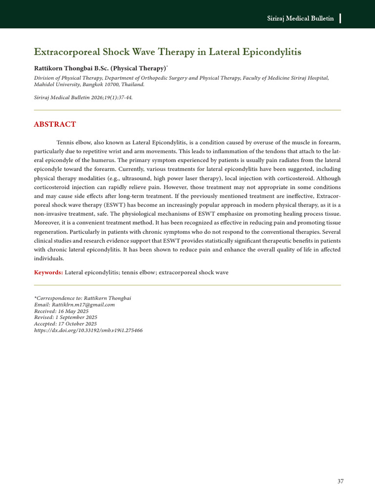 Extracorporeal Shock Wave Therapy in Lateral Epicondylitis | PDF