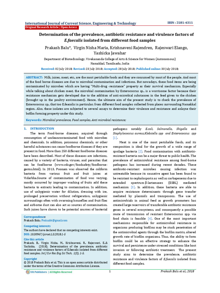 Determination of The Prevalence, Antibiotic Resistance and Virulence ...