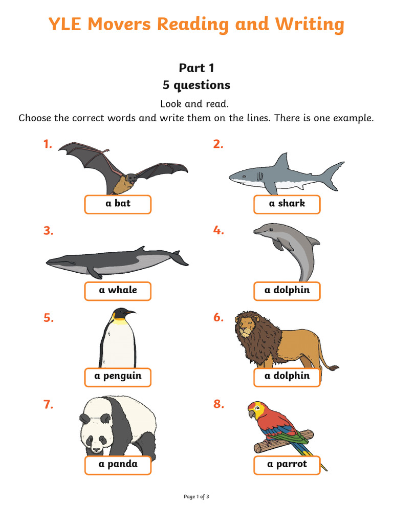 Esl Yle Movers Reading and Writing Part 1 Worksheet Exotic Animals Kids ...