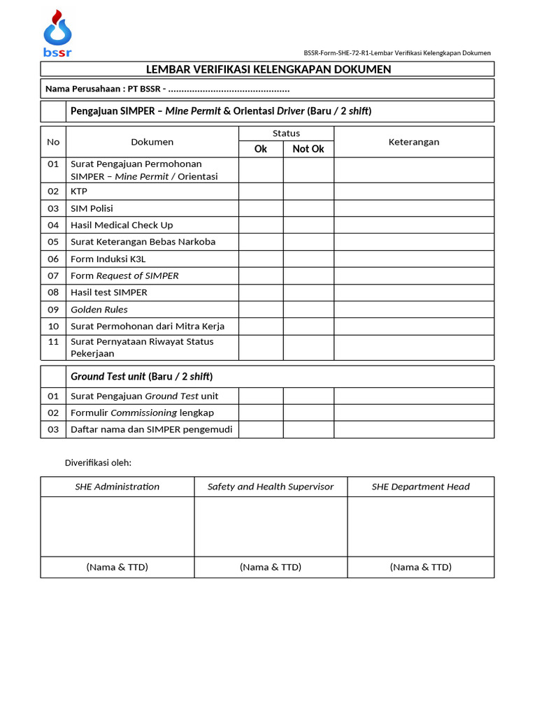 BSSR Form SHE 72 R0 Lembar Verifikasi Kelengkapan Dokumen R1 | PDF