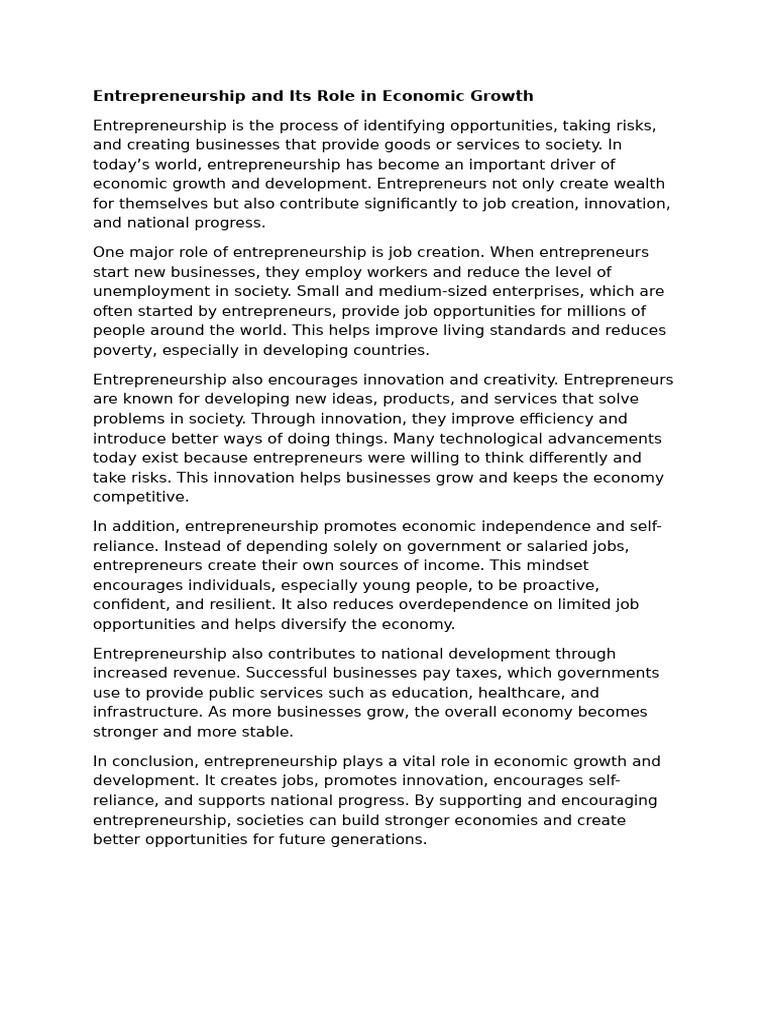 Entrepreneurship and Its Role in Economic Growth | PDF