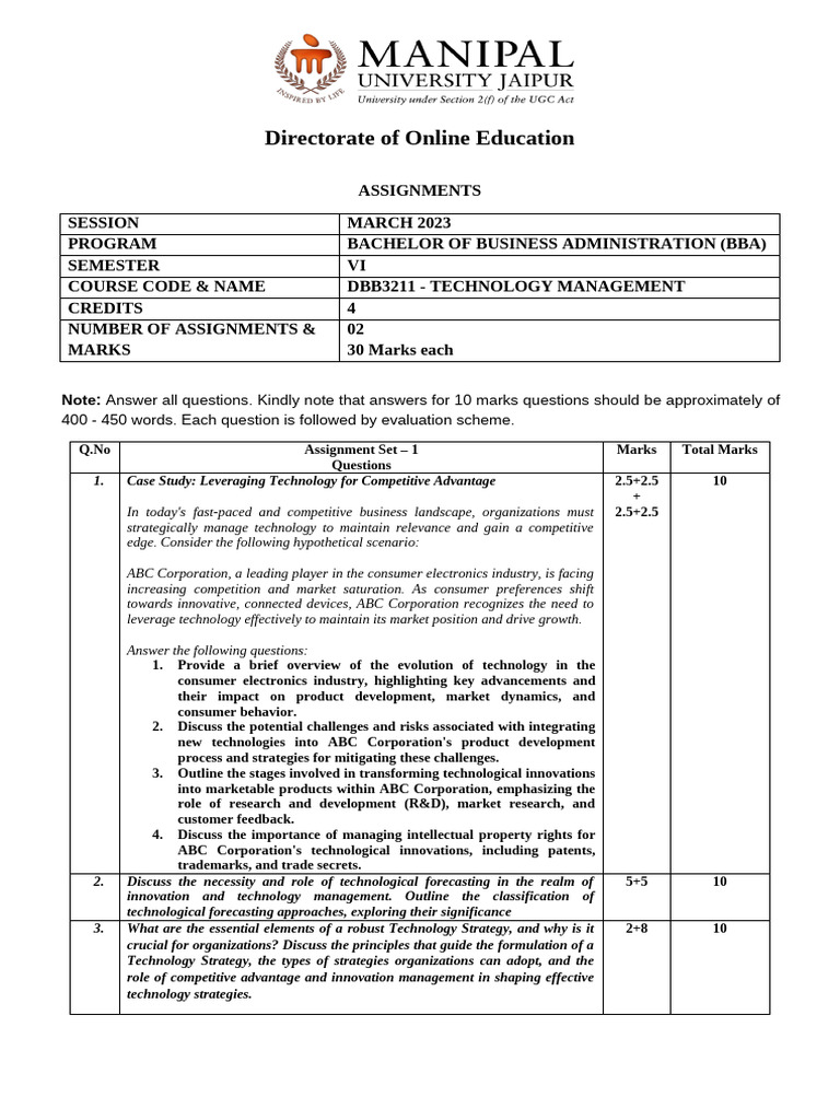 Assignment - dbb3211 - Technology Management - Bba 3 - Set-1 and 2 ...