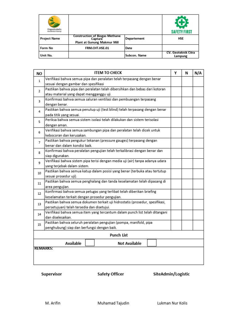 Form Cheklist Hydrotest | PDF
