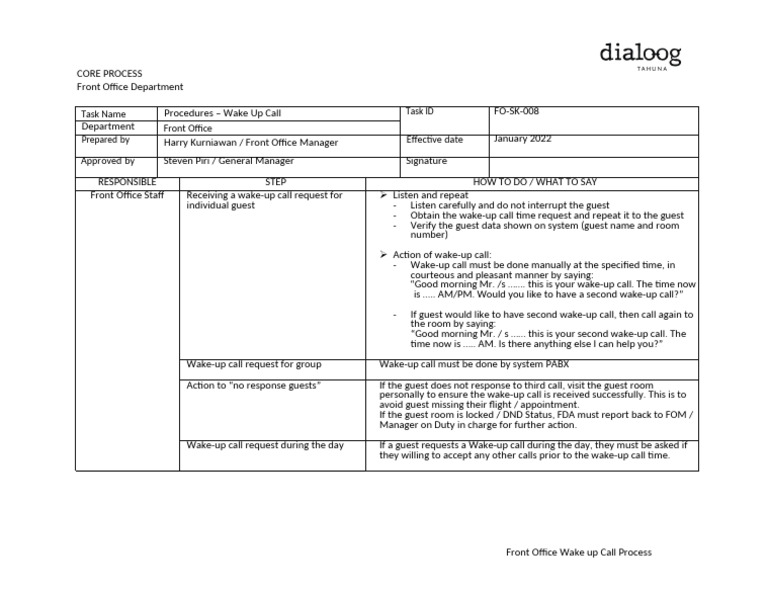 FO-SK-008 DT FO - Process - Wake-Up Call | PDF