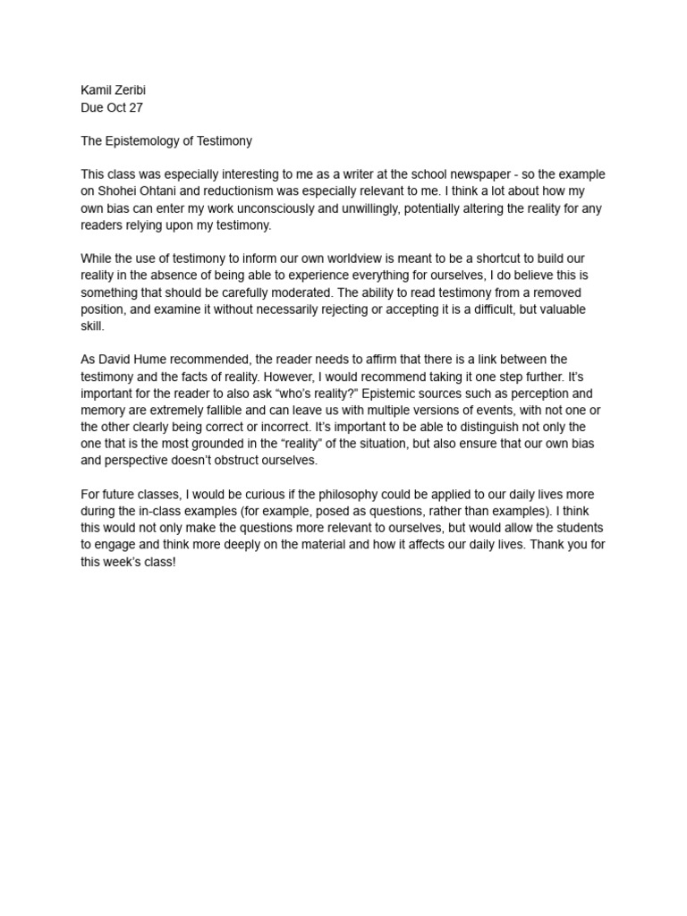 The Epistemology of Testimony HW | PDF