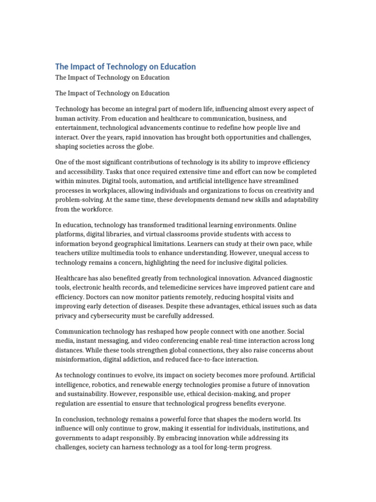 The Impact of Technology On Education 11 Pages | PDF | Distance ...