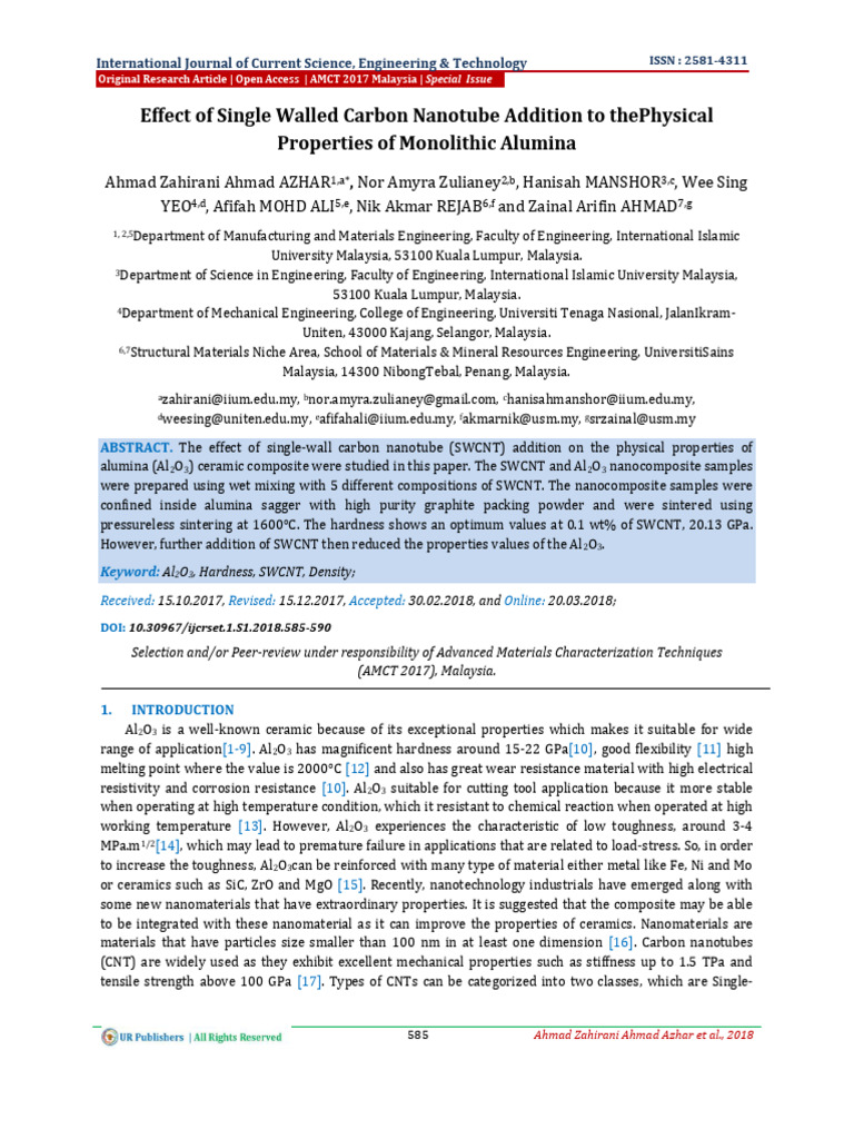 Effect of Single Walled Carbon Nanotube Addition To Thephysical ...