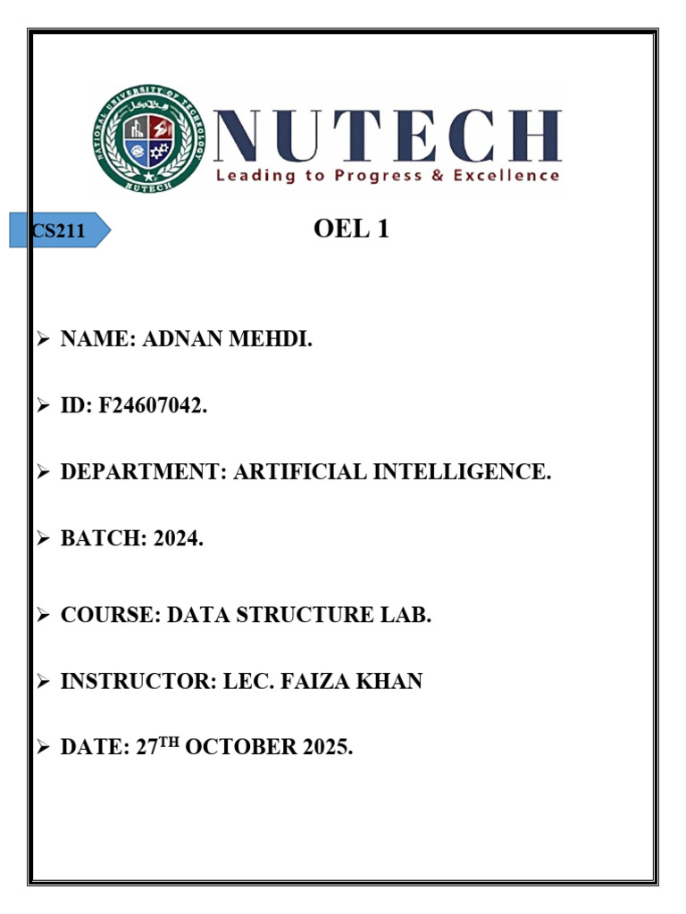 Adnan Mehdi f24607042 Ai Lab Dsa | PDF | Computer Programming | Computing