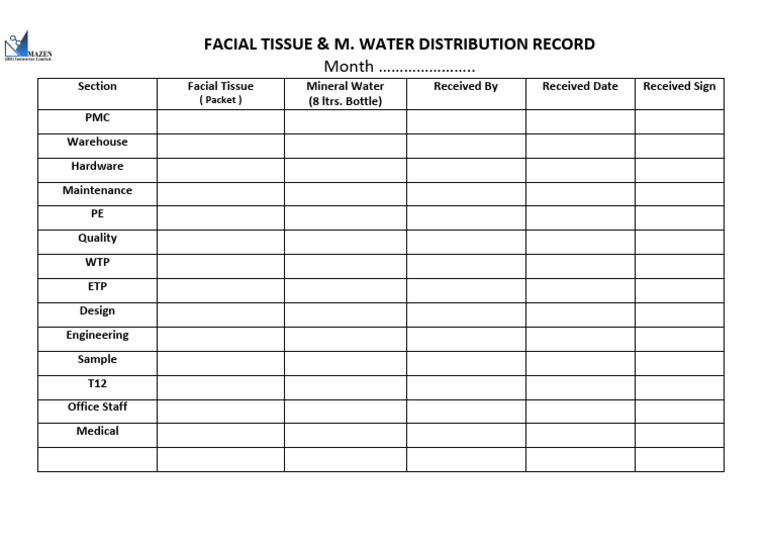 Water Tissue Distribution Record (Monthly) | PDF