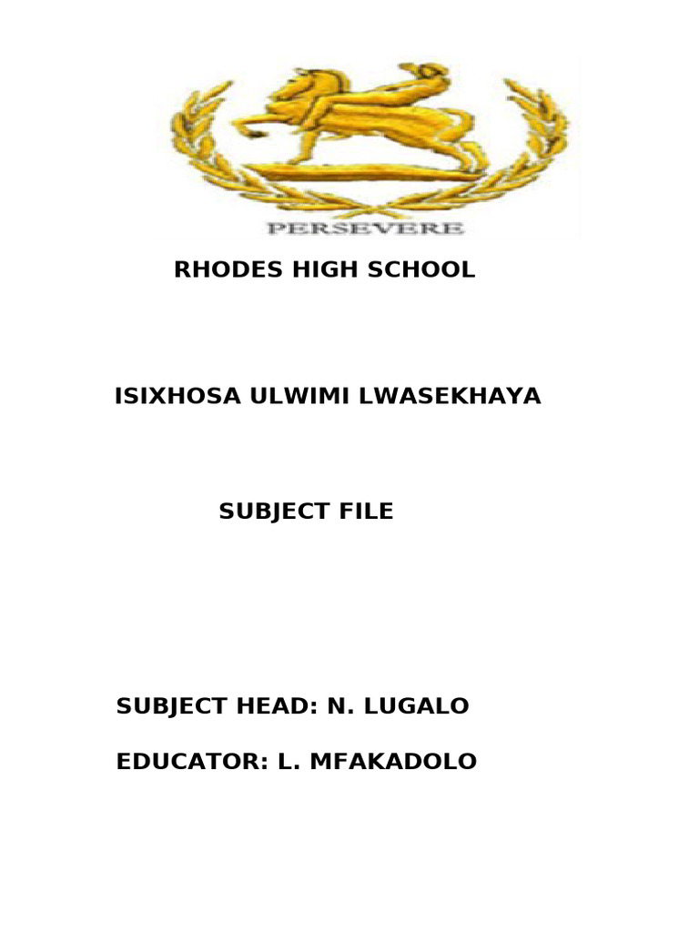 Rhodes High School - Docx Xhosa Subject File Cover Page | PDF