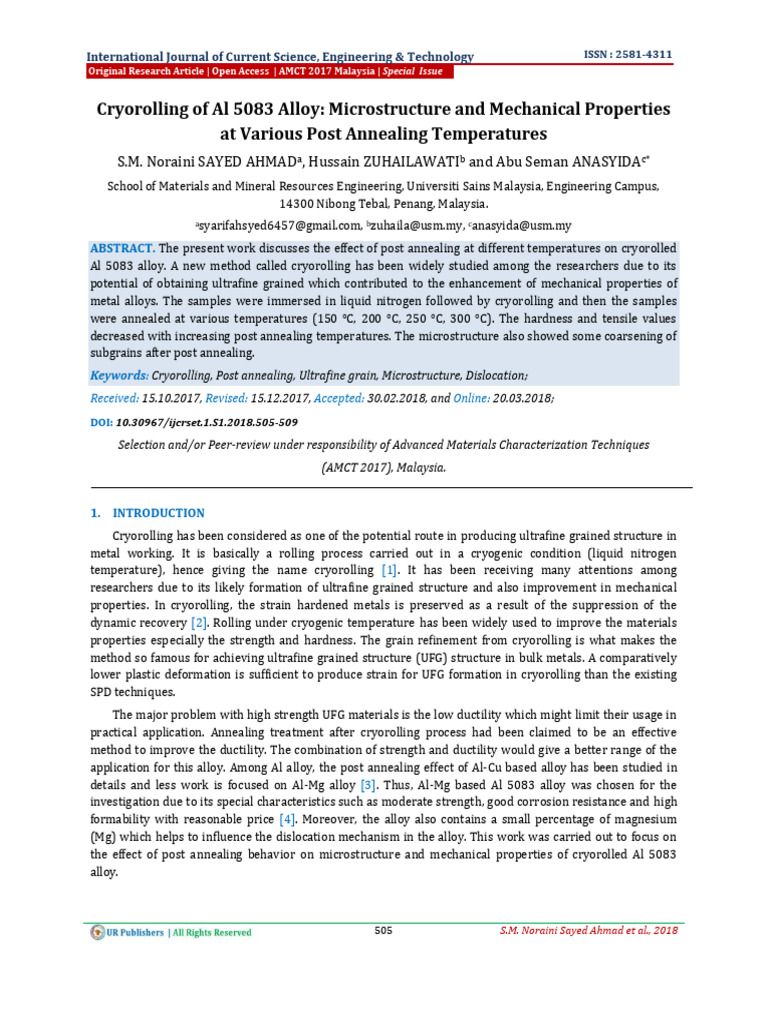 Cryorolling of Al 5083 Alloy: Microstructure and Mechanical Properties ...