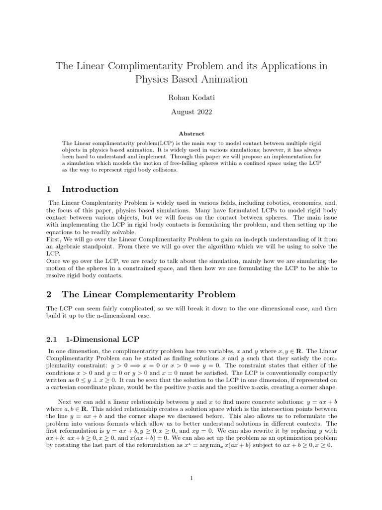 The Linear Complimentarity Problem and Its Applications in Physics ...