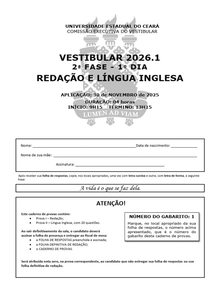 Vestibular UECE 2026.1 - Segunda Fase (1º Dia) - Redação e Língua ...