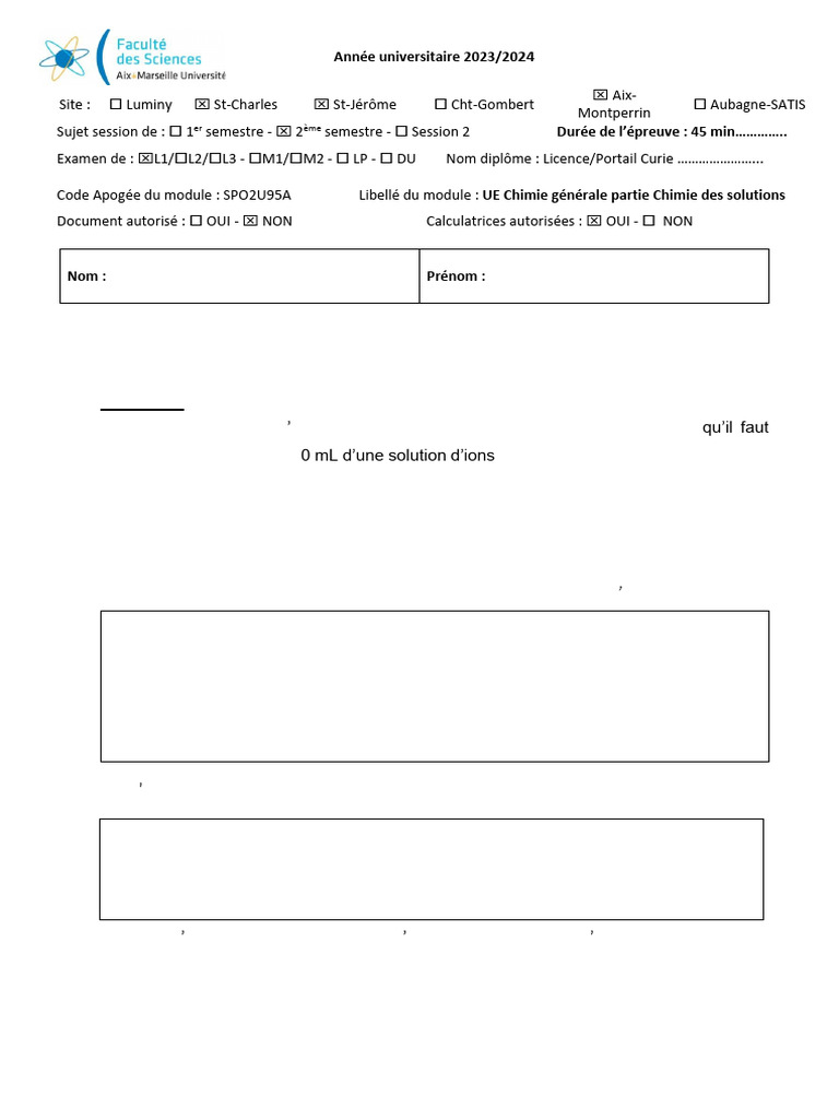 Partiel - Chimie Des Solutions 23-24 | PDF | Acide | Ph