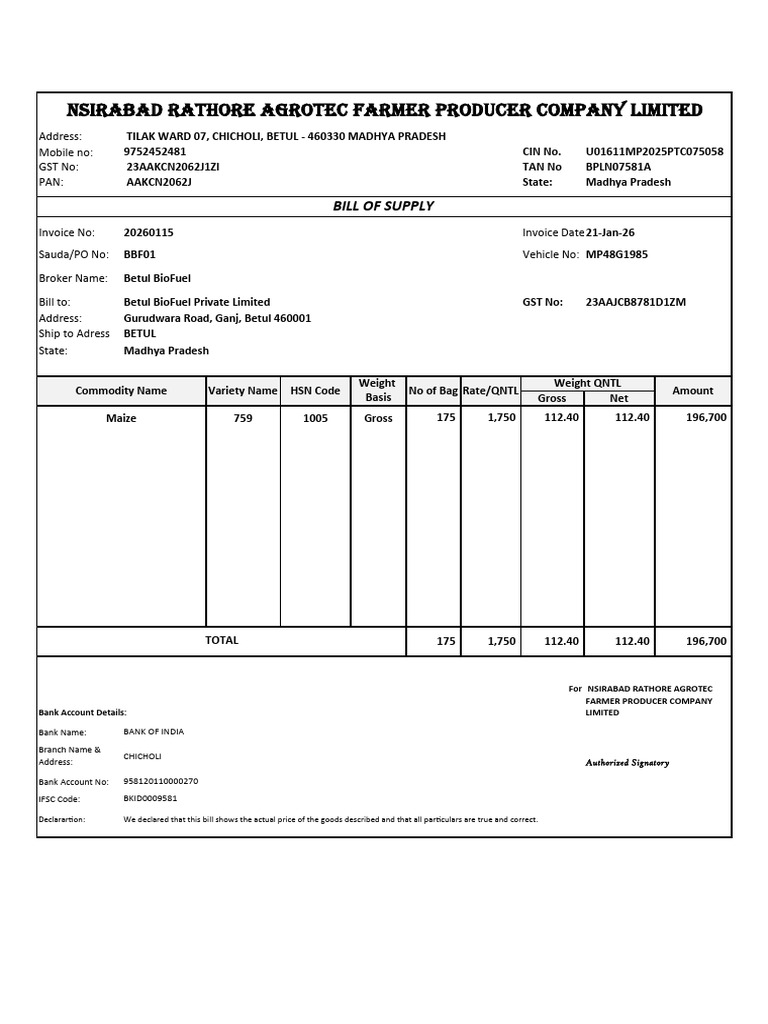 Invoice Nsirabad Rathore Agrotec Fpo 1 | PDF