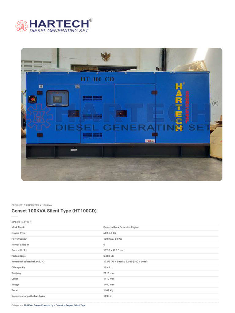 Genset Genset 100KVA Silent Type (HT100CD) - Hartech | PDF | Power ...