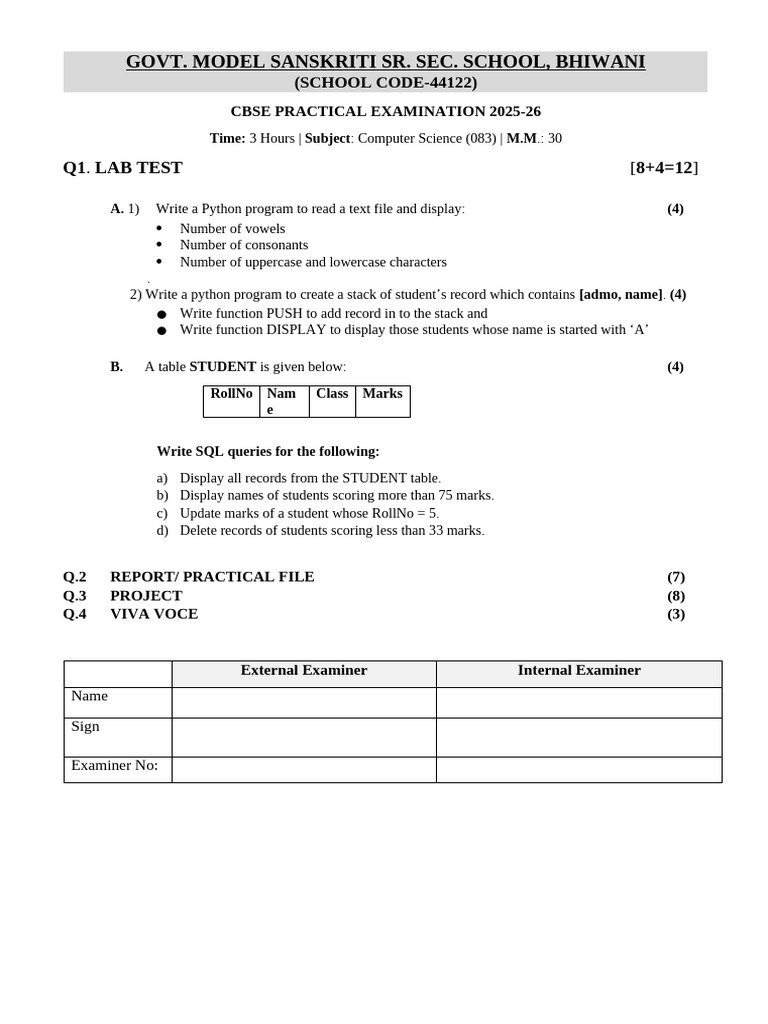 Final 12th Cs Practical QP 2025-26 Gmssss Bhiwani | PDF
