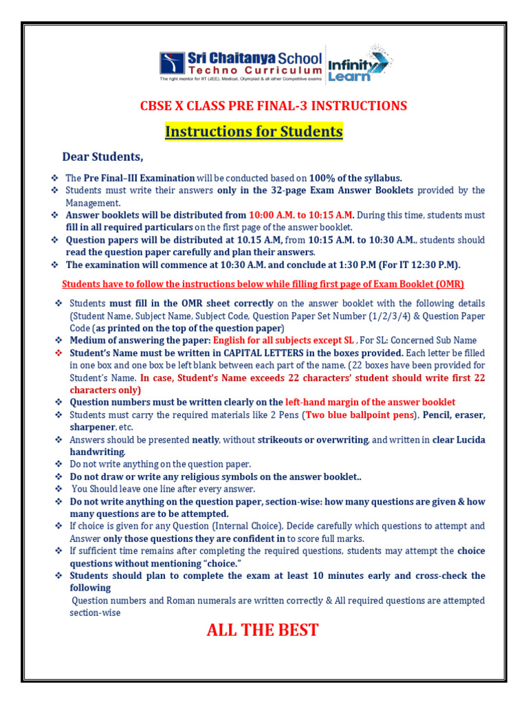 CBSE X Class Pre Final-3 Examination Instructions | PDF