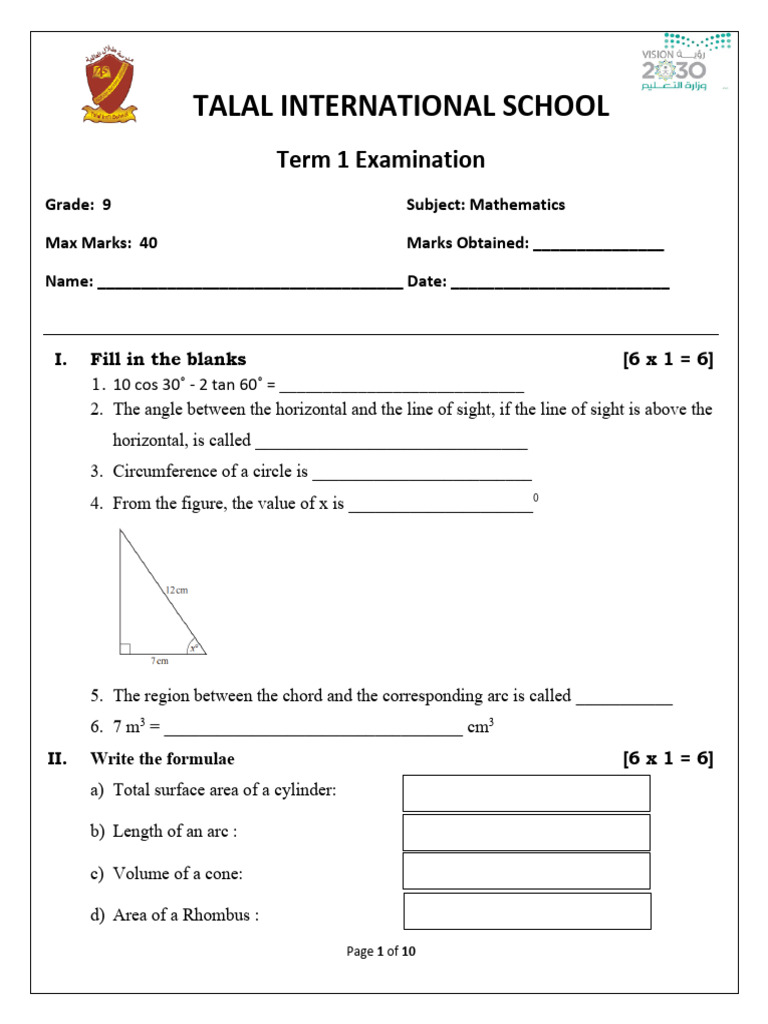 Term 1 QP Math Grade 9 | PDF | Area | Circle
