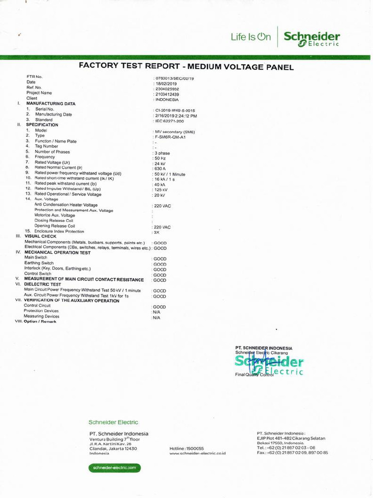 Factory Test Report Cubicle Schneider (SM6) QM 1 | PDF