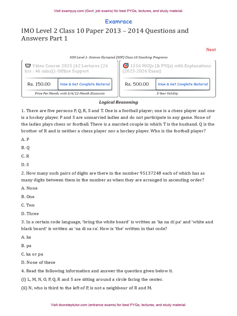 IMO Level 2 Class 10 Paper 2013 2014 Part 1 | PDF | Chess