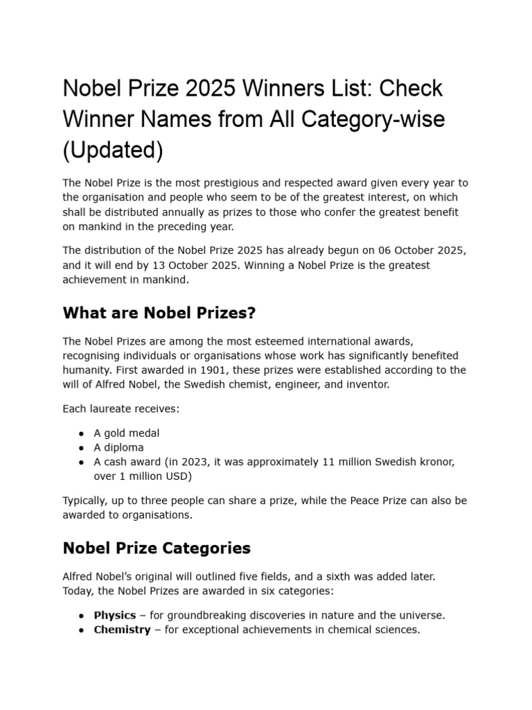 Nobel Prize 2025 Winners List Check Winner Names From All Category Wise ...