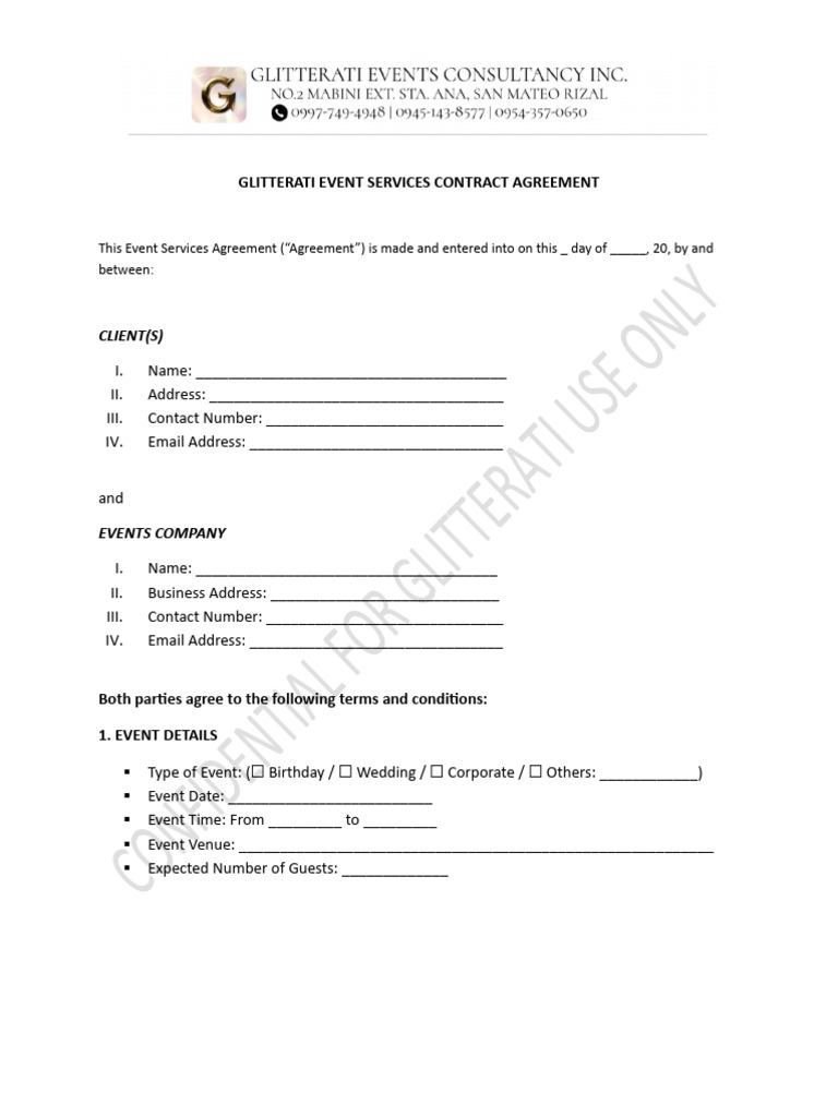 Glitterati Event Consultancy Inc. Clients Contract Agreement | PDF ...