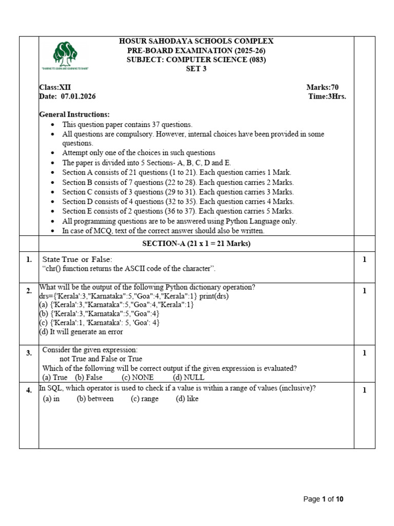 Class XII - Computer Science Set 3 QP | PDF | Computer Network | Python ...