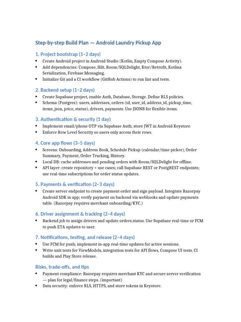 Step by Step Build Plan Android Laundry Pickup App | PDF