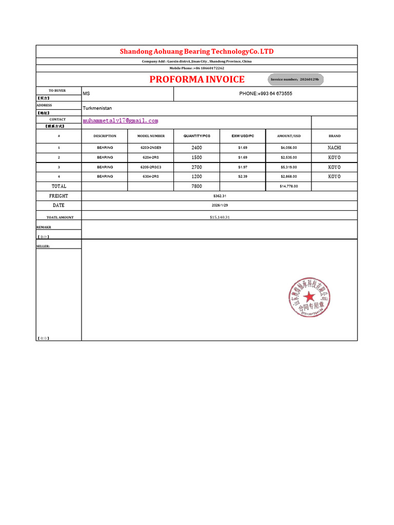 Proforma Invoice: Shandong Aohuang Bearing Technologyco. LTD | PDF