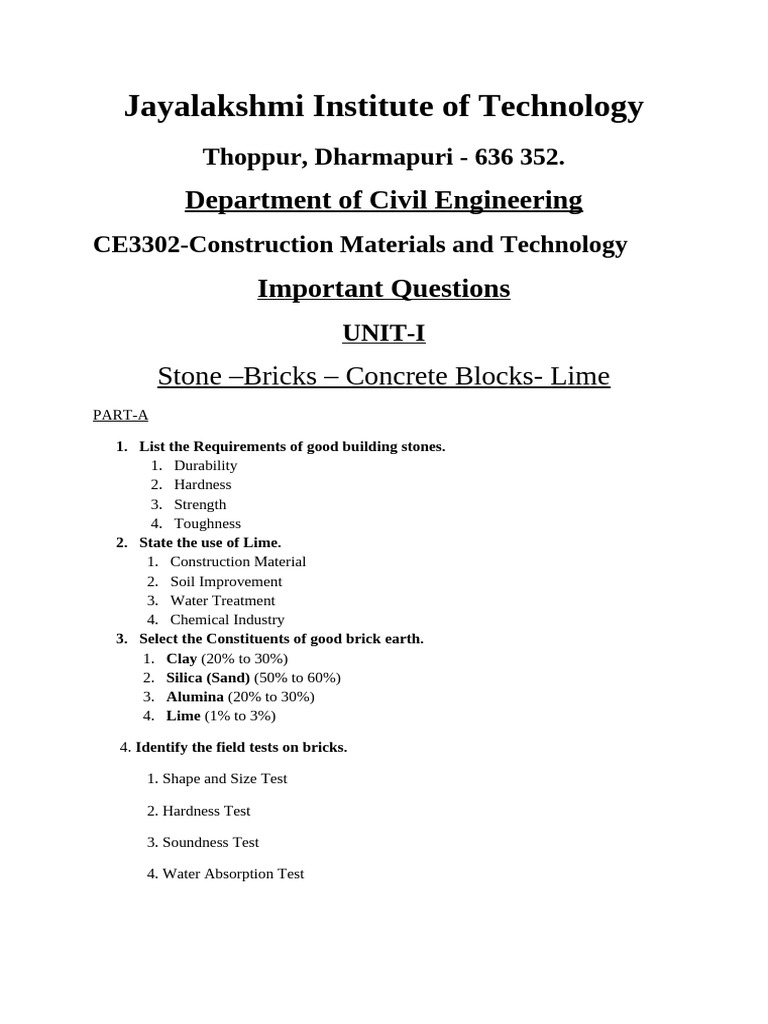 Ce3302-Cmt - Unit-I Notes | PDF | Lime (Material) | Brick