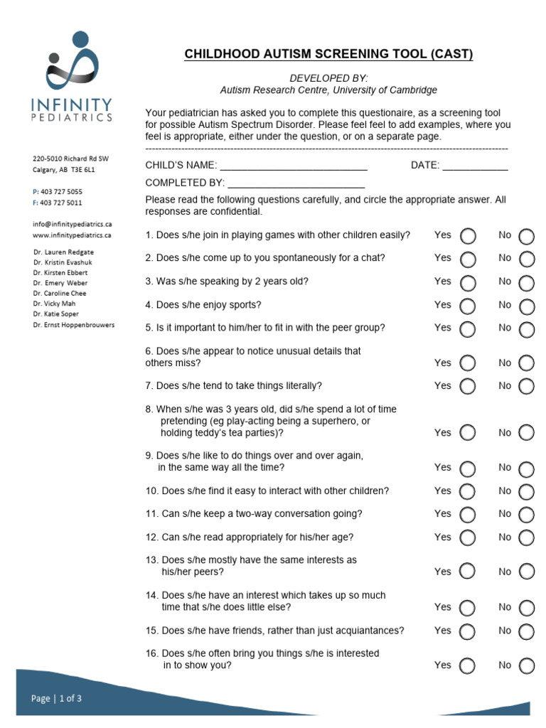 Infinity Pediatrics CAST | PDF | Asperger Syndrome | Human Development