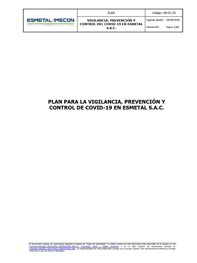 Plan Para La Vigilancia, Prevención y Control de COVID-19 en ESMETAL S ...